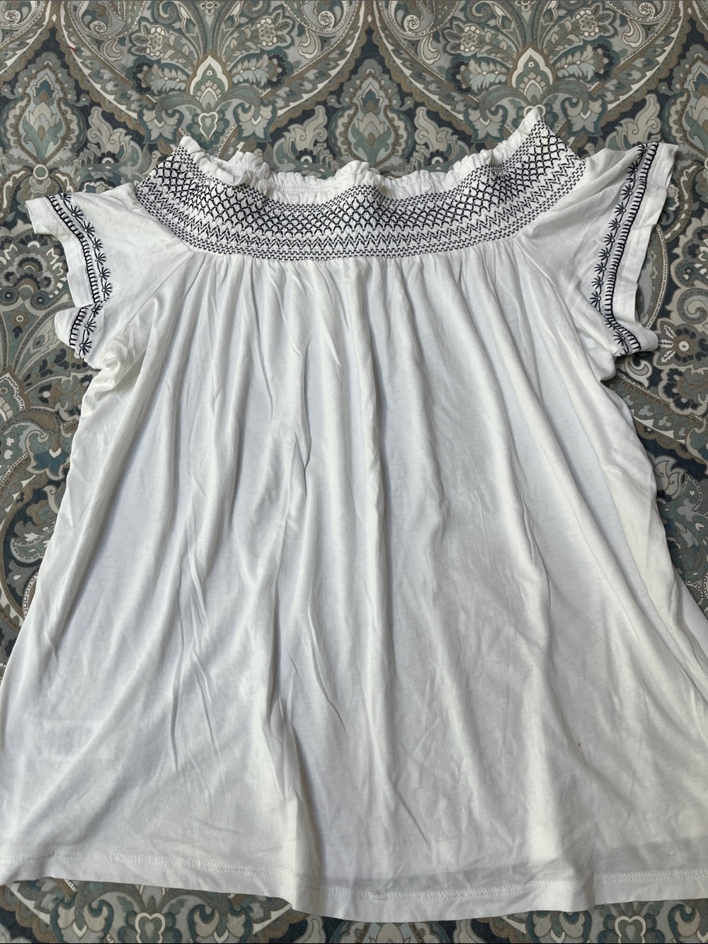 Ann Taylor White Off-Shoulder Top with Navy Embroidery